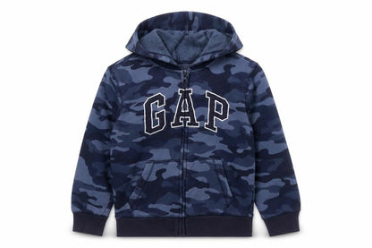 Front view of Gap boys’ blue camouflage hooded full zip jacket, size 10-11, years