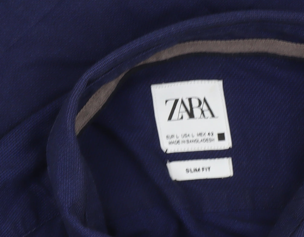 Zara Men Blue Slim Fit Long Sleeve Cotton Button-Up Shirt L