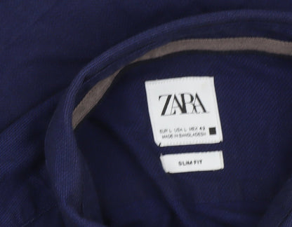 Zara Men Blue Slim Fit Long Sleeve Cotton Button-Up Shirt L