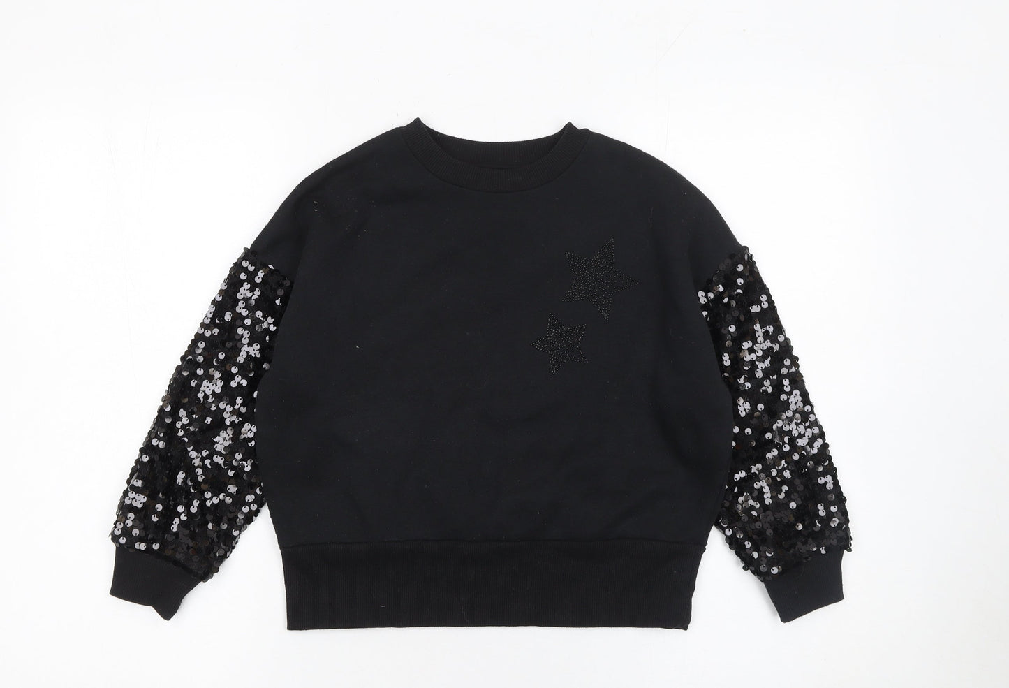 F&F Girls Black Sequin Sleeve Star Sweatshirt 7-8 Years Pullover Top