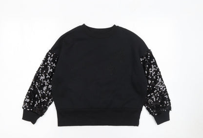 F&F Girls Black Sequin Sleeve Star Sweatshirt 7-8 Years Pullover Top
