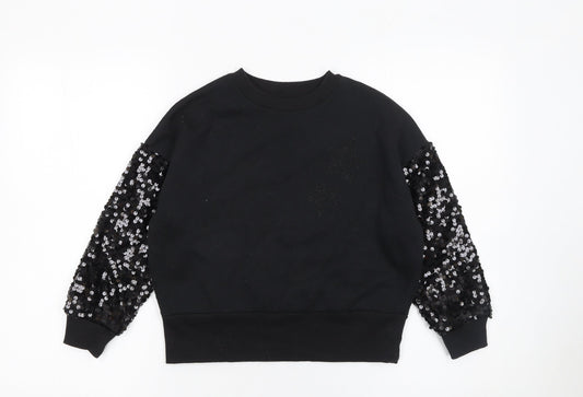 F&F Girls Black Sequin Sleeve Star Sweatshirt 7-8 Years Pullover Top