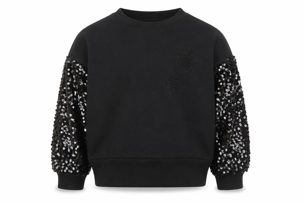 Front view of F&F girls’ black sequin sleeve star sweatshirt 7-8 years pullover top