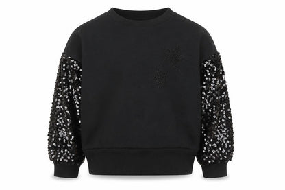 Front view of F&F girls’ black sequin sleeve star sweatshirt 7-8 years pullover top