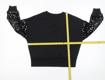 F&F Girls Black Sequin Sleeve Star Sweatshirt 7-8 Years Pullover Top