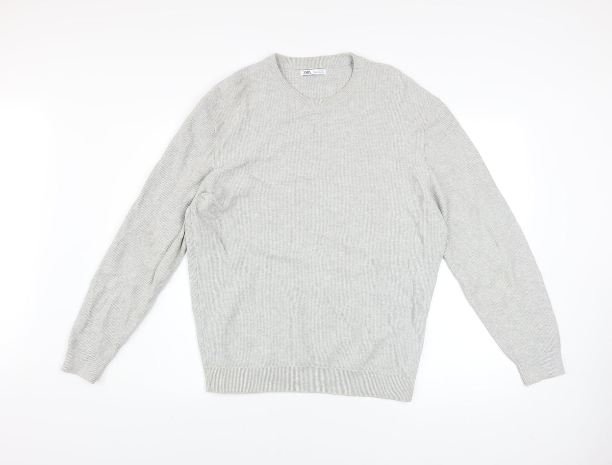 Zara Men’s Grey Cotton Crew Neck Pullover Jumper Size L