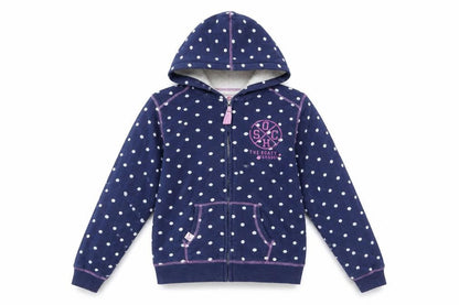 Front view of Lazy Jacks girls’ blue polka dot full zip hoodie 11-12 years nautical anchor design