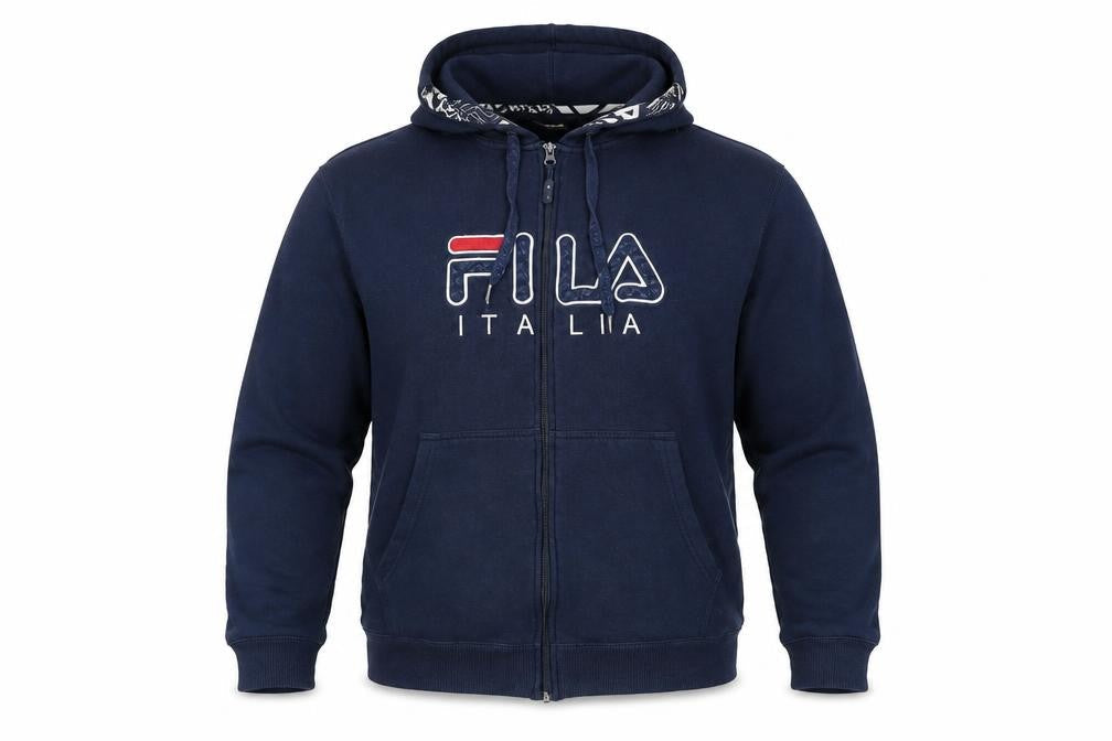 Front view of Fila Men's Blue Full Zip Hoodie L Sports Fleece Sweatshirt