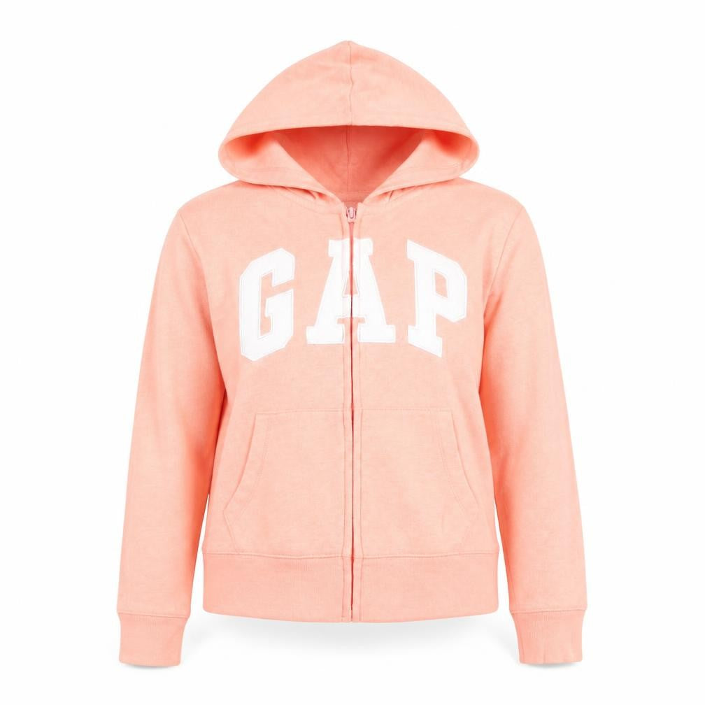 Front view of Gap girls’ peach full zip hoodie cotton blend casual 10 years