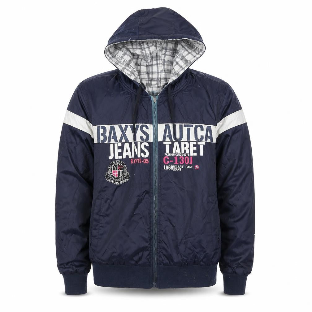 Front view of Baxyboy unisex blue l hooded windbreaker jacket casual