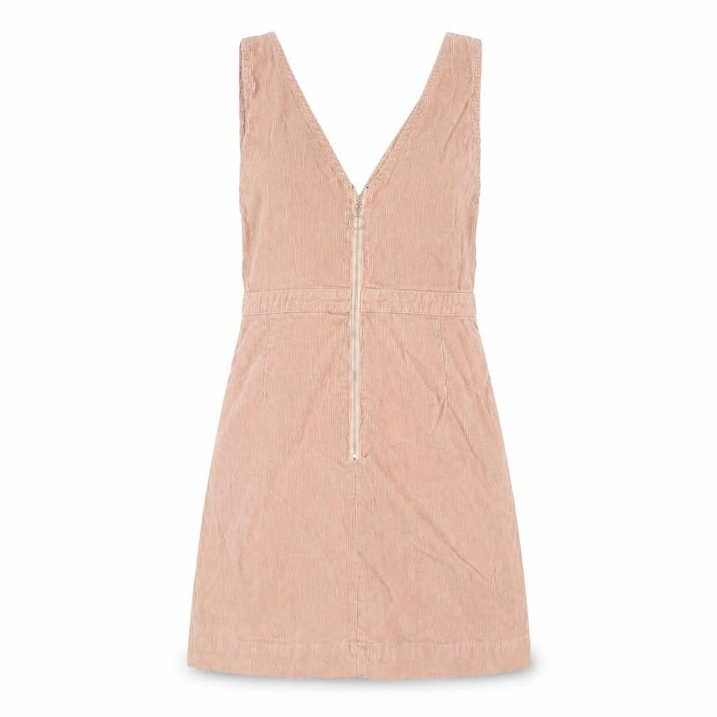 Front view of Denim Co. Women’s Beige Corduroy Pinafore Dress, size UK 6, V-Neck Zip Casual