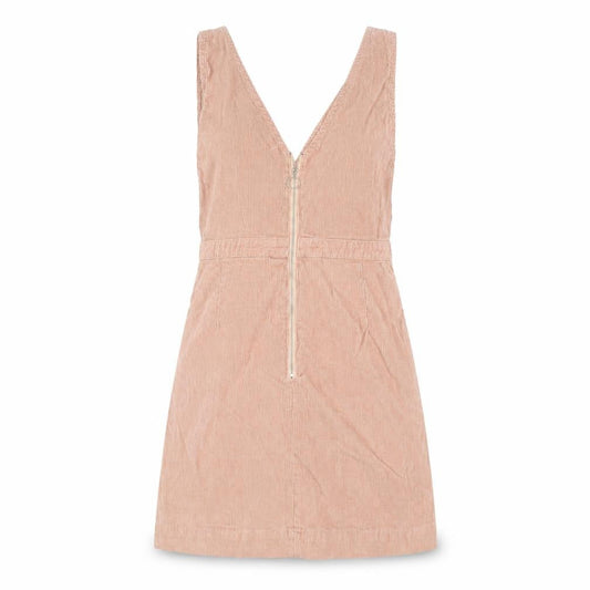 Front view of Denim Co. Women’s Beige Corduroy Pinafore Dress, size UK 6, V-Neck Zip Casual
