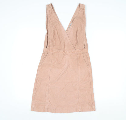Close-up detail of Denim Co. Women’s Beige Corduroy Pinafore Dress, size UK 6, V-Neck Zip Casual