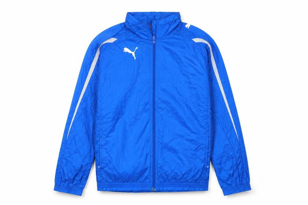 Front view of Puma boys’ blue track jacket, size 14, years lightweight full zip sports top
