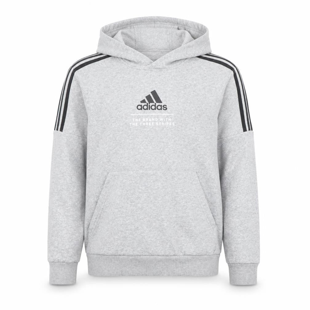 Front view of Adidas boys’ grey pullover hoodie 13-14 years sports fleece sweatshirt