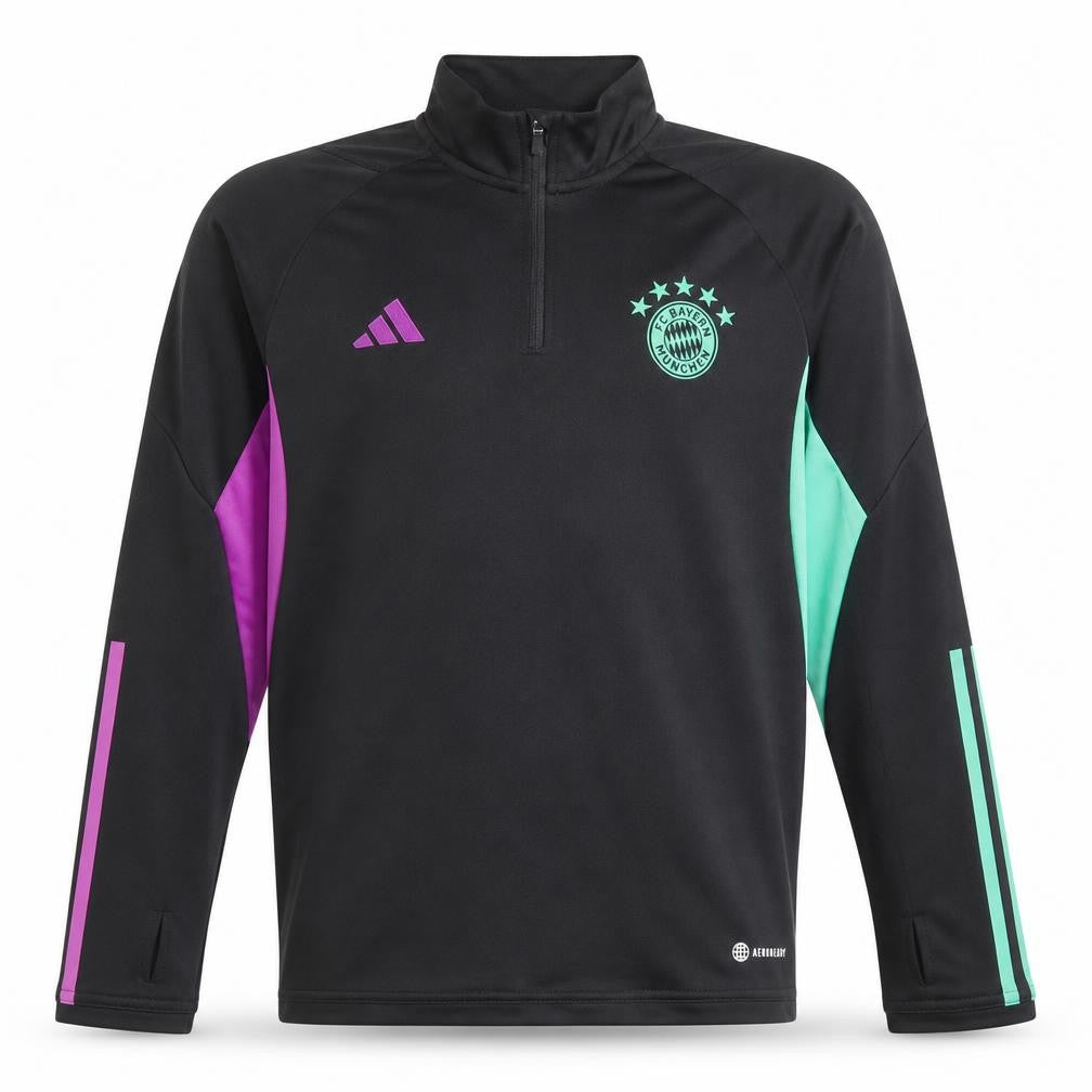 Front view of Adidas boys’ black 1/4 zip fc bayern munich football top, size 18, years