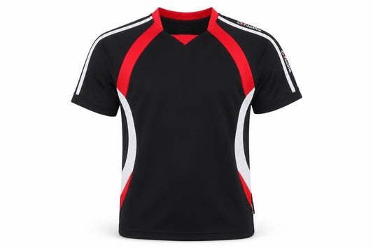 Front view of O'Neill boys’ black red sports t-shirt 10-11 years quick dry activewear top
