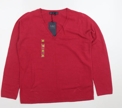 Marks and Spencer Women's Red V-Neck Long Sleeve Acrylic Jumper Size 16