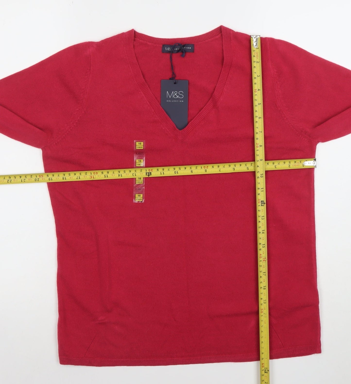 Marks and Spencer Women's Red V-Neck Long Sleeve Acrylic Jumper Size 16