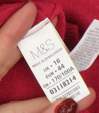 Marks and Spencer Women's Red V-Neck Long Sleeve Acrylic Jumper Size 16