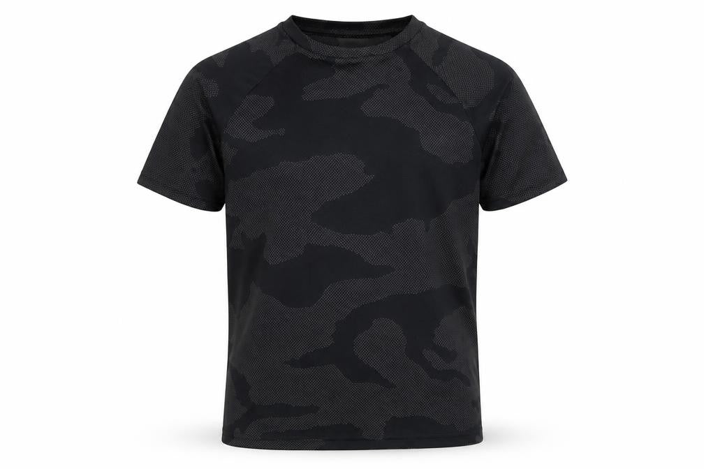 Front view of Under Armour boys’ black camouflage short sleeve t-shirt, size M