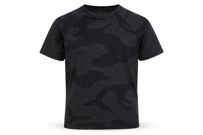 Front view of Under Armour boys’ black camouflage short sleeve t-shirt, size M