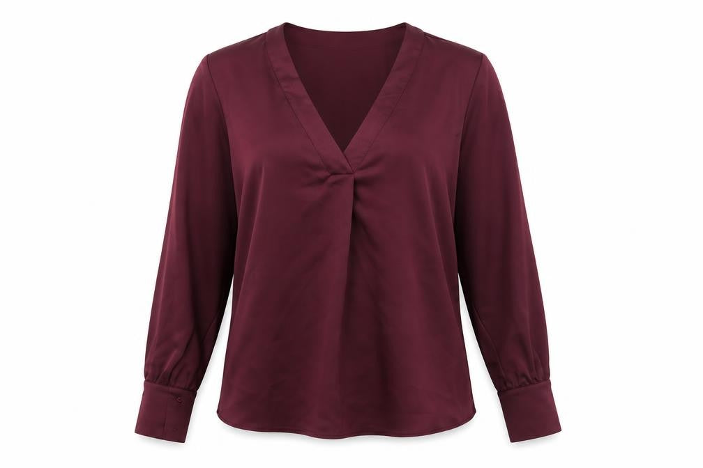 Front view of Dunnes Women’s Burgundy V-Neck Long Sleeve Polyester Blouse, size M