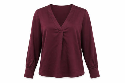 Front view of Dunnes Women’s Burgundy V-Neck Long Sleeve Polyester Blouse, size M