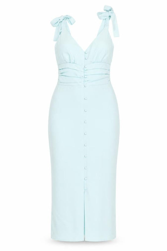 Front view of In The Style Women's Blue, size 8, Bodycon Midi Dress with Button Detail