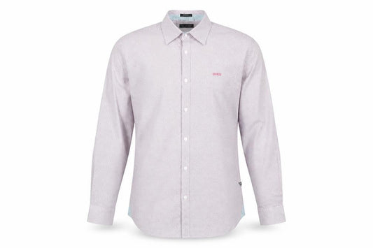 Front view of Guess men’s white slim fit geometric long sleeve button up shirt, size L