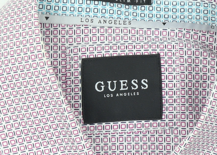 Guess Mens White Slim Fit Geometric Long Sleeve Button Up Shirt Size L