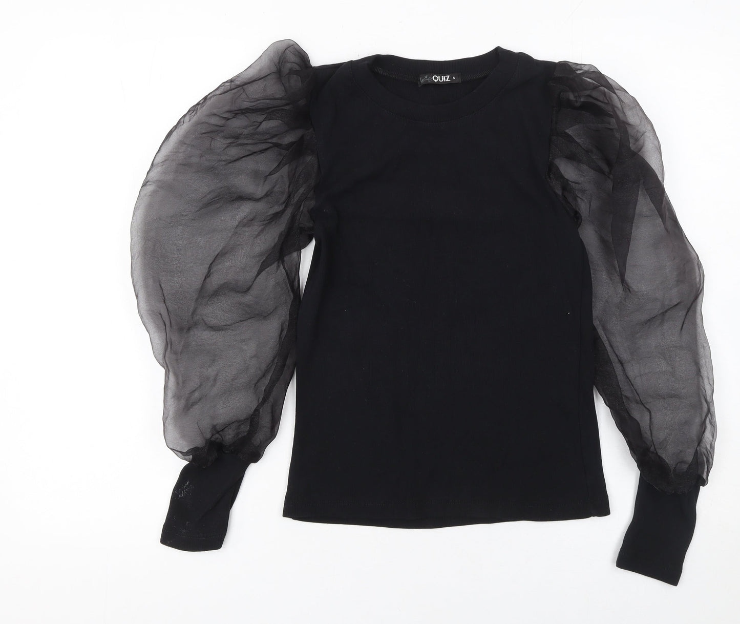 Quiz Womens Black Puff Sleeve Crew Neck T-Shirt Size S