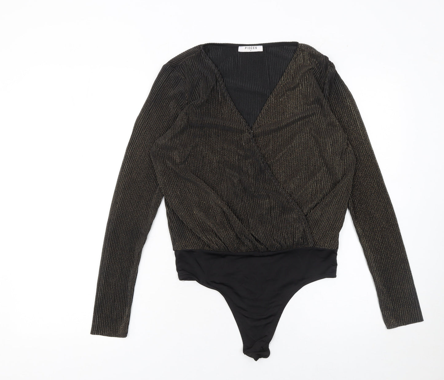 Pieces Womens Black Gold Long Sleeve Wrap Bodysuit Size M