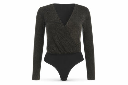 Pieces Womens Black Gold Long Sleeve Wrap Bodysuit Size M