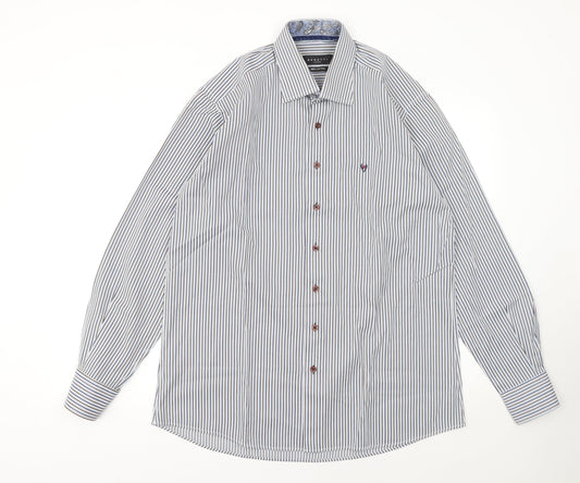 Benetti Luxury Men's Blue Striped Cotton Long Sleeve Button-Up Shirt L
