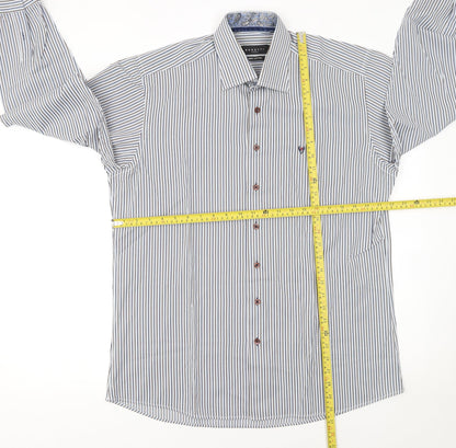 Benetti Luxury Men's Blue Striped Cotton Long Sleeve Button-Up Shirt L