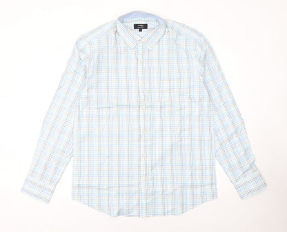 Dunnes Stores Men's Blue Check Cotton Long Sleeve Button-Up Shirt Size L