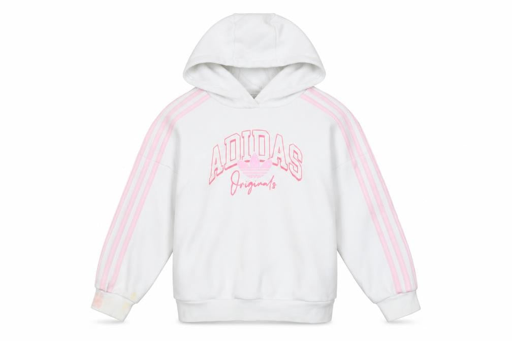 Front view of Adidas girls’ white pink originals pullover hoodie 5-6 years hooded sweatshirt