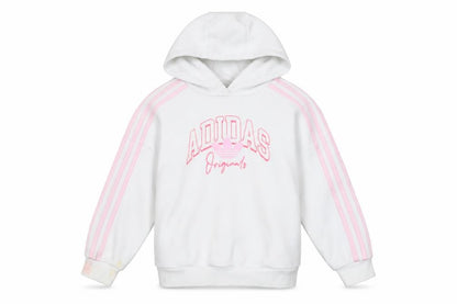 Front view of Adidas girls’ white pink originals pullover hoodie 5-6 years hooded sweatshirt