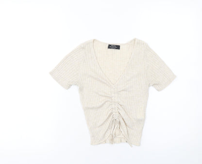Womens UK Size S Bershka Beige Cropped T-Shirt