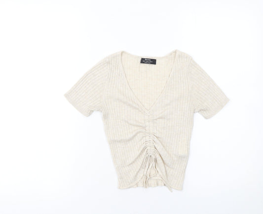 Womens UK Size S Bershka Beige Cropped T-Shirt
