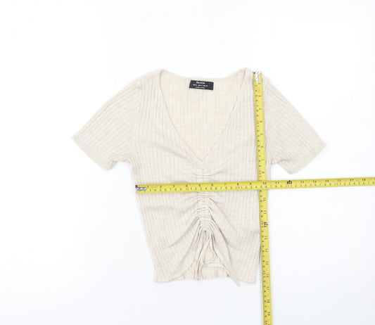 Womens UK Size S Bershka Beige Cropped T-Shirt