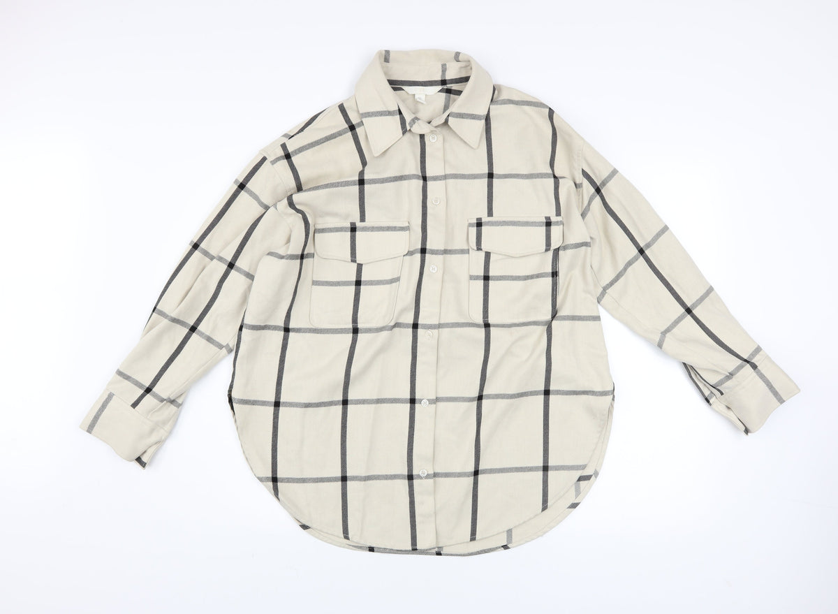 H&M Men's Beige Checked Long Sleeve Button-Up Shirt Size S