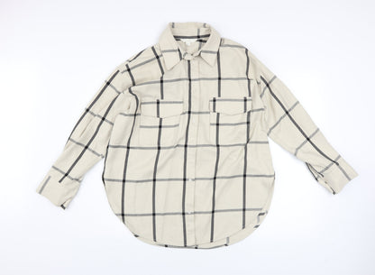 H&M Men's Beige Checked Long Sleeve Button-Up Shirt Size S