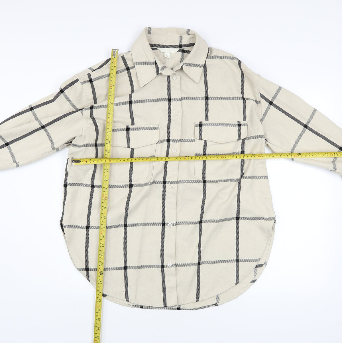 H&M Men's Beige Checked Long Sleeve Button-Up Shirt Size S