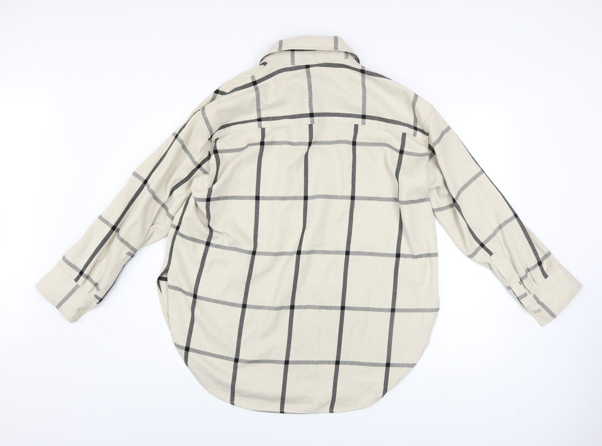 H&M Men's Beige Checked Long Sleeve Button-Up Shirt Size S