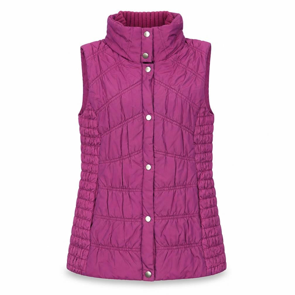 Front view of Kaliko Women's Purple Puffer Waistcoat, size 10, Quilted Sleeveless Gilet