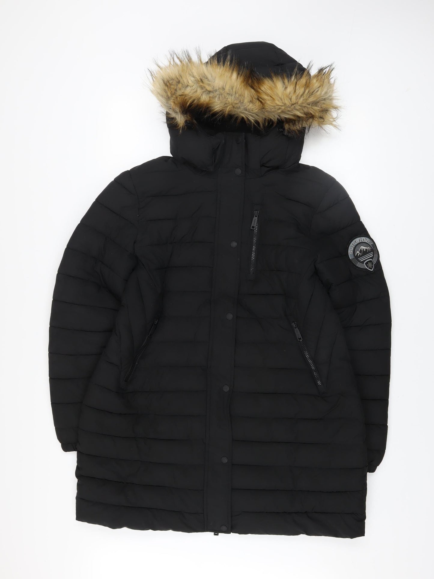Superdry Women's Black Long Puffer Coat Hooded Faux Fur Lined Size 16
