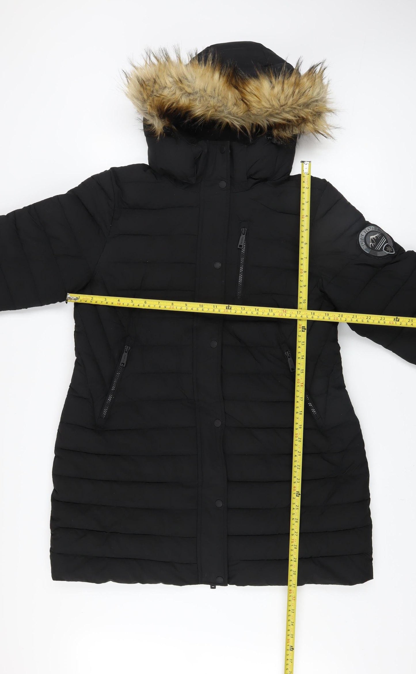 Superdry Women's Black Long Puffer Coat Hooded Faux Fur Lined Size 16