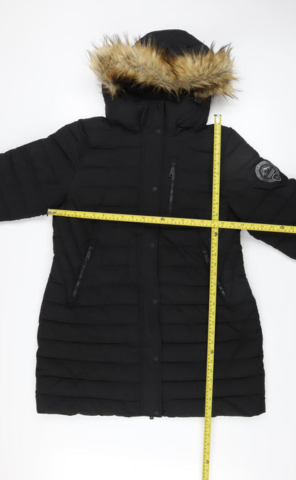 Superdry Women's Black Long Puffer Coat Hooded Faux Fur Lined Size 16